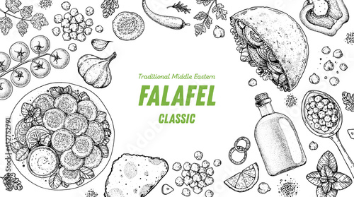 Falafel cooking and ingredients for falafel, sketch illustration. Middle eastern cuisine frame. Street food, design elements. Hand drawn, menu and package design. Vegan food