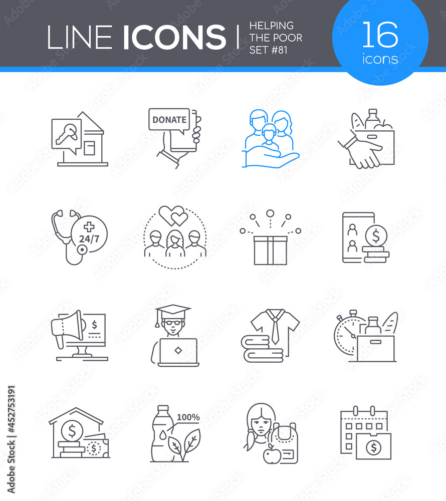 Helping the poor - modern line design style icon set Helping the poor - modern line design style icon set