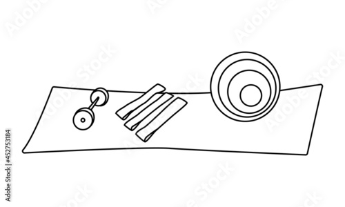 Equipment and accessories for yoga and fitness. Yoga mat, dumbbell, fitball, sports elastic bands. Vector illustration hand-drawn by a contour. Doodle style.