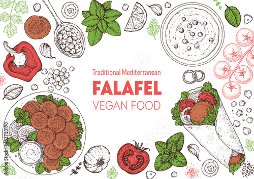 Falafel cooking and ingredients for falafel, sketch illustration. Middle eastern cuisine frame. Street food, design elements. Hand drawn, menu and package design. Vegan food