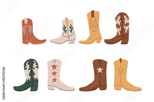 Сowboy boots with ornament.  Wild West theme. Hand drawn colored trendy Vector isolated illustration.