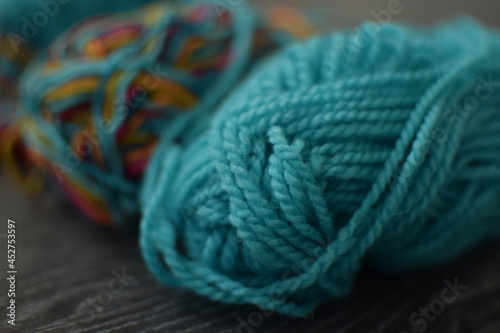 knitting needle. Accessories for needlework. A ball of yarn with knitting needles. Composition with colorful yarn