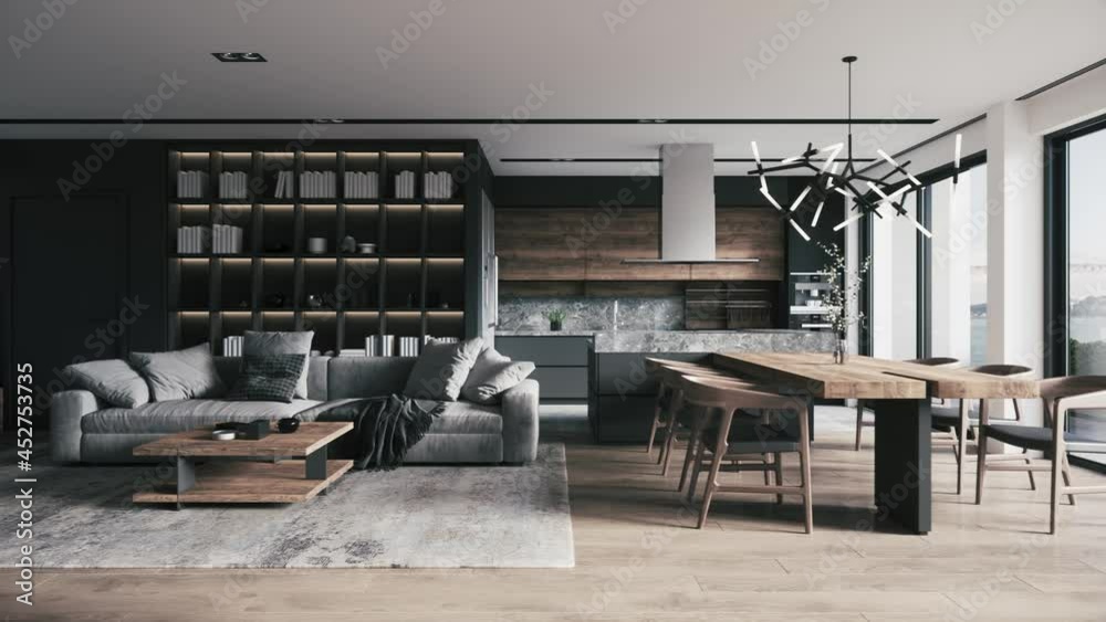 Contemporary interior design of the living room. Stylish interior of the Kitchen-living room. 3d visualization