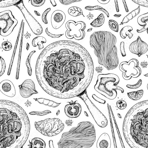 Wok pan and ingredients for wok seamless pattern. Hand drawn vector illustration. Asian food top view. Noodles, meat, pepper and other ingredients. Asian cuisine background.
