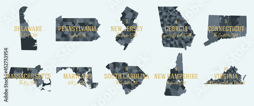 Set 1 of 5 Division United States into counties, political and geographic subdivisions of a states, Highly detailed vector maps with names and territory nicknames