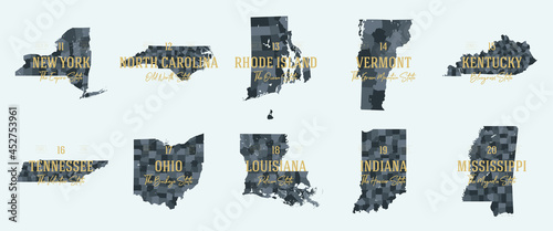 Set 2 of 5 Division United States into counties, political and geographic subdivisions of a states, Highly detailed vector maps with names and territory nicknames photo