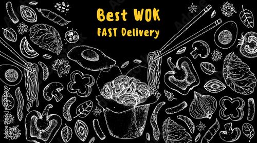 Wok box sketch, ingredients for wok. Hand drawn vector illustration. Noodles in a carton box. Asian food.