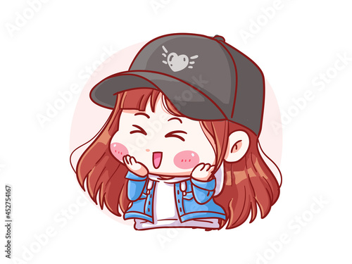 Cute and kawaii korean k-pop Stylish Lovely Girl Fall in Love with Excited Expression manga chibi Illustration