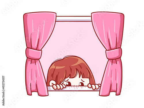 Cute and kawaii Shy Girl Hiding in curtain Manga Chibi Illustration