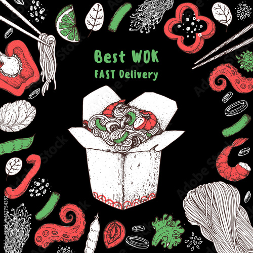 Hand drawn vector illustration - Wok box sketch, ingredients for wok . Noodles in a carton box. Asian food.
