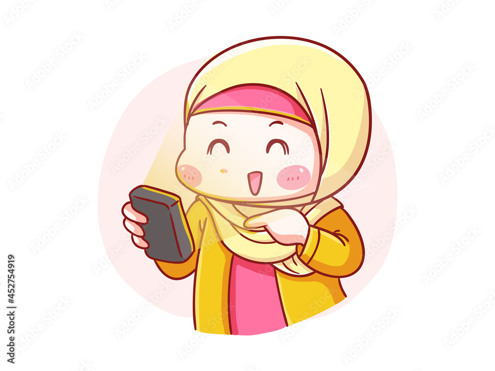 Cute and kawaii Happy Hijab Girl Look at her Smartphone Manga Chibi Illustration Cute and kawaii Happy Hijab Girl Look at her Smartphone Manga Chibi Illustration