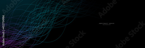 Wave line of flowing particles over dark abstract vector background, smooth curvy shape shining dots fluid array. 3d dots blended mesh, future technology relaxing wallpaper.