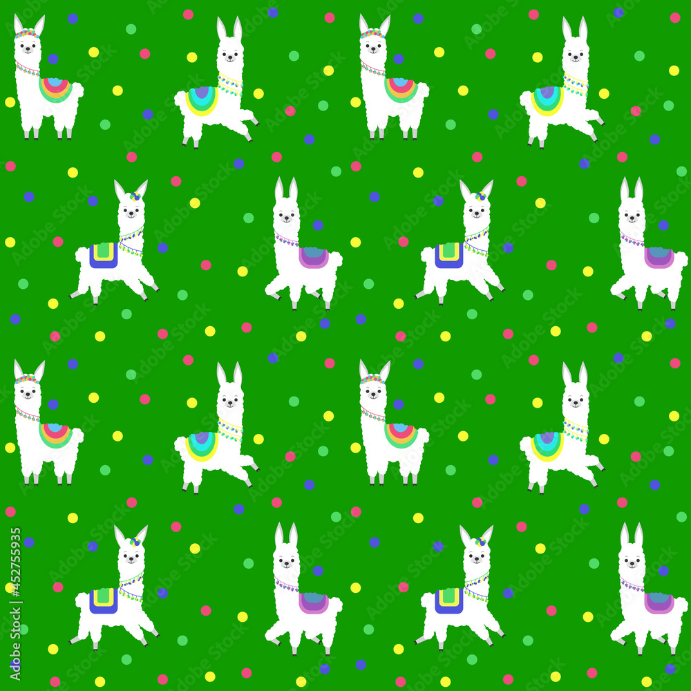 Pattern with the image of different lamas in colored costumes and a festive decoration