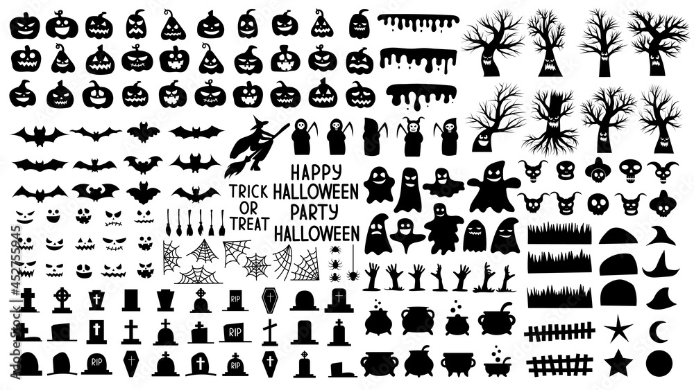 Collection of silhouettes for halloween with creepy pumpkins and scary trees and ghosts. Set of black and white objects for the night of the halloween holiday. Vector illustration.