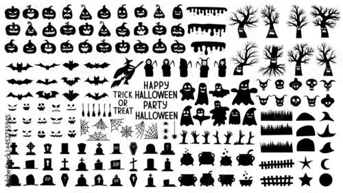 Collection of silhouettes for halloween with creepy pumpkins and scary trees and ghosts. Set of black and white objects for the night of the halloween holiday. Vector illustration.
