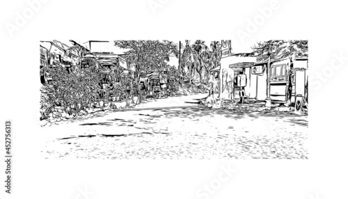 Building view with landmark of Khao Lak is a series of villages in Thailand. Hand drawn sketch illustration in vector.