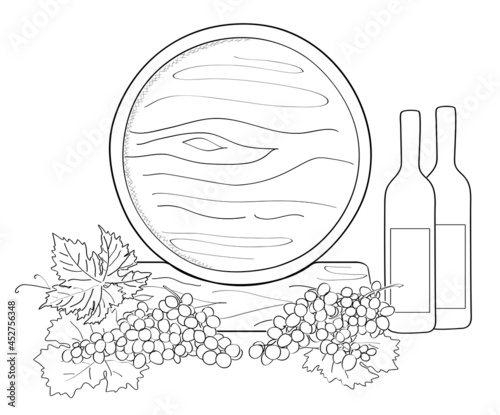 barrel of wine with wine bottles and grape - vector sketch