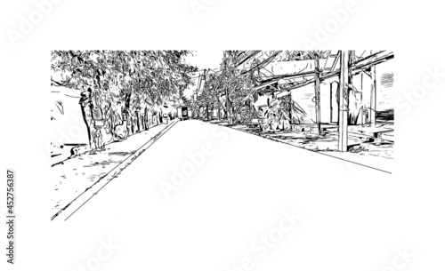 Building view with landmark of Khao Lak is a series of villages in Thailand. Hand drawn sketch illustration in vector.