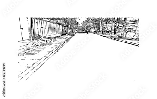 Building view with landmark of Khao Lak is a series of villages in Thailand. Hand drawn sketch illustration in vector.