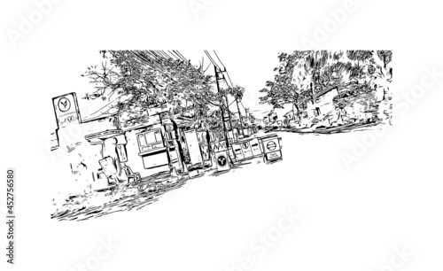 Building view with landmark of Khao Lak is a series of villages in Thailand. Hand drawn sketch illustration in vector.