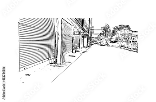 Building view with landmark of Khao Lak is a series of villages in Thailand. Hand drawn sketch illustration in vector.