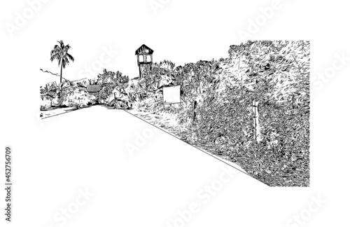 Building view with landmark of Khao Lak is a series of villages in Thailand. Hand drawn sketch illustration in vector.