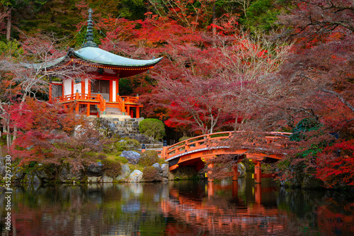 Beautiful view of Daigo-ji temple with red maple trees in autumn season in Kyoto, Japan