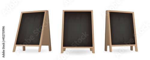 Set of black chalkboard a-frame standees in different views. Realistic blank board for menu announcement. Special street advertising equipment. photo