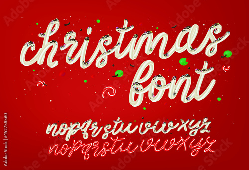 Christmas and New Year font sweet cream and candy cane 3d alphabet. Holidays decorative typography. Vector illustration. 