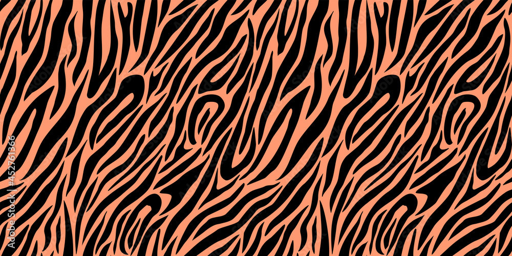 Trendy tiger skin fashion print for textile and clothes. Black stripes on an orange background. Animal skin seamless pattern. 