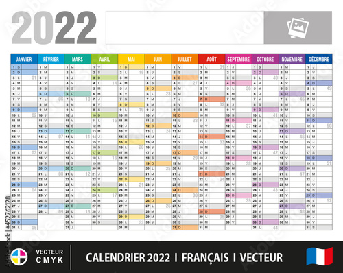 Planner calendar 2022. France, French language. Texts vectorized. Multi layers vector. CMYK colors. Elements and colors easy to adapt and customize