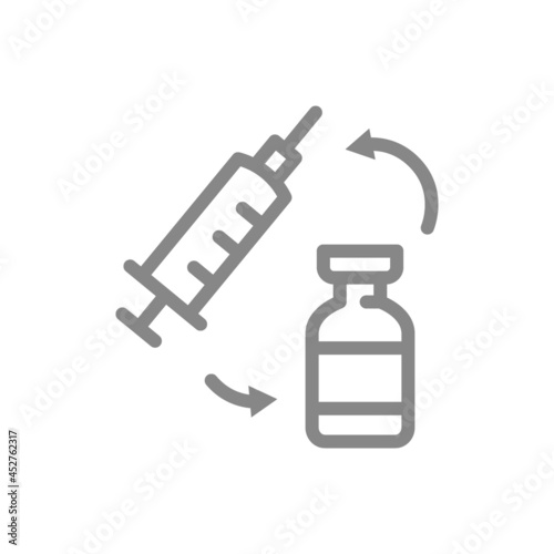 Medical syringe and vaccine ampoule line icon. Vaccination, treatment, preventive measures, immunization