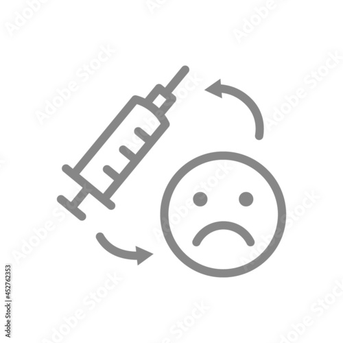 Medical syringe and sad face line icon. Vaccination, consequences of vaccination, vaccine evaluation, negative feedback