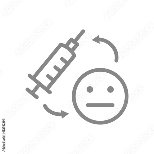 Medical syringe and neutral face line icon. Vaccination, consequences of vaccination, vaccine evaluation, neutral feedback