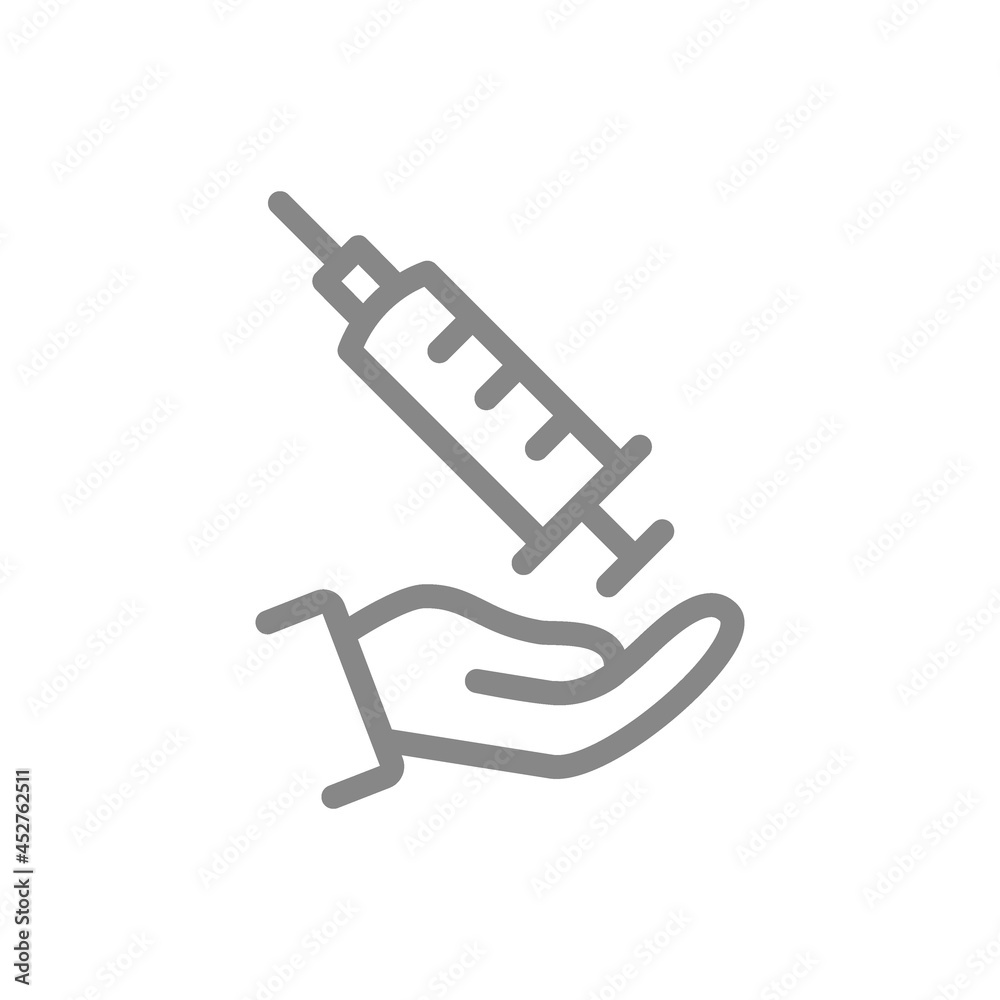 Medical syringe on hand line icon. Make an injection , vaccination, preventive measures, immunization Medical syringe on hand line icon. Make an injection , vaccination, preventive measures, immunization