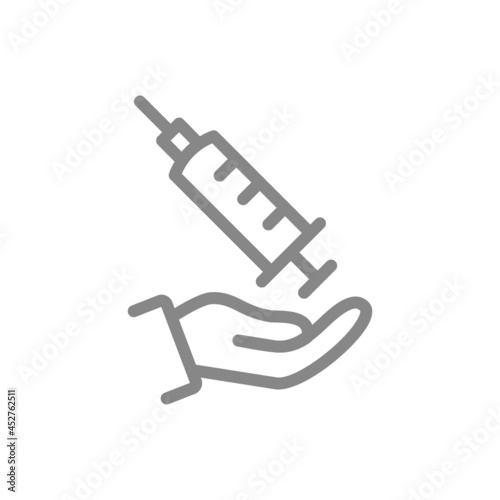 Medical syringe on hand line icon. Make an injection , vaccination, preventive measures, immunization