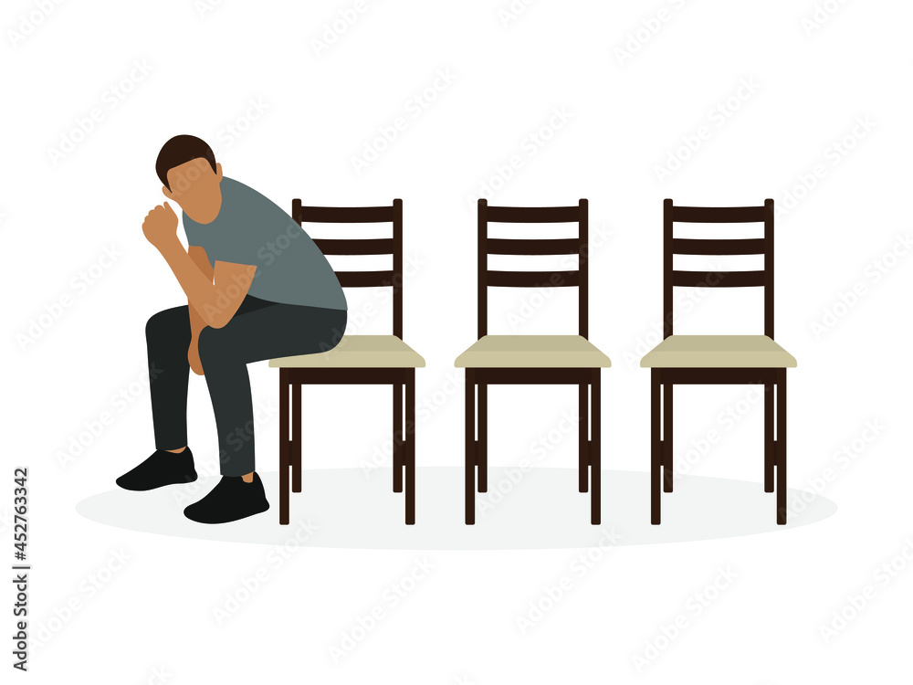 Male character sitting on one of three chairs on a white background Male character sitting on one of three chairs on a white background