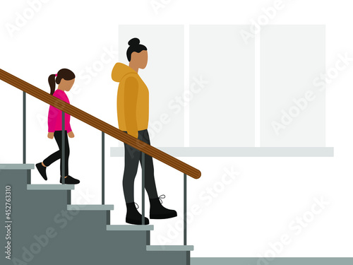 Female character and little girl going down the stairs against the background of a wall with a window