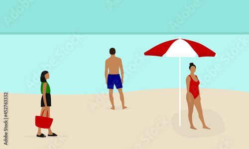 Male character and two female characters on the beach in summer