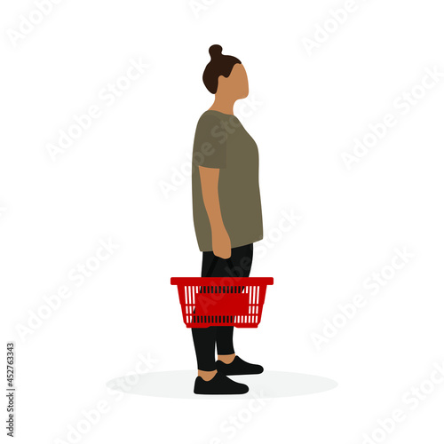 Fat female character in sportswear and with an empty grocery basket in hand stands on a white background