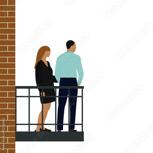 Male character and female character are standing on the balcony on a white background