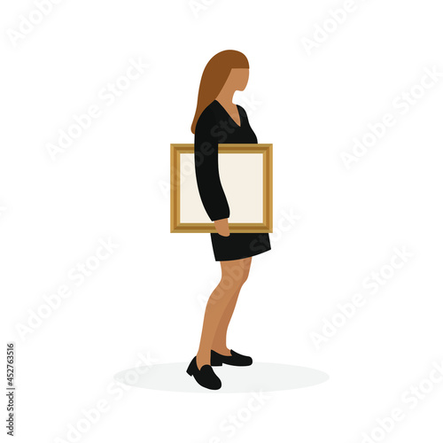 Female character with a picture frame in hand stands on a white background
