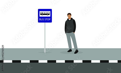 A male character stands on the sidewalk near a bus stop sign