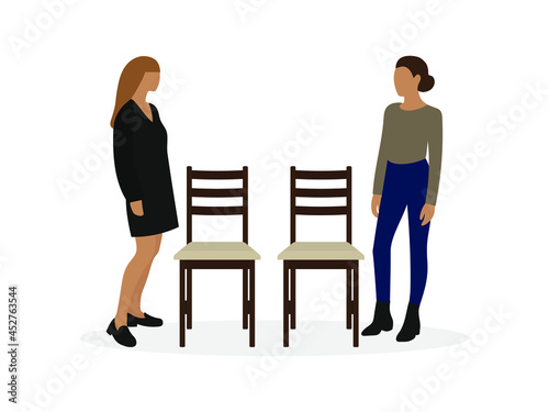 Two female characters are standing near free chairs on a white background
