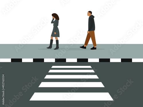 Female character talking on the phone and male character walking on the sidewalk past the pedestrian crossing