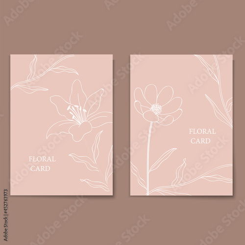 White flower line art, minimal flat style cards set