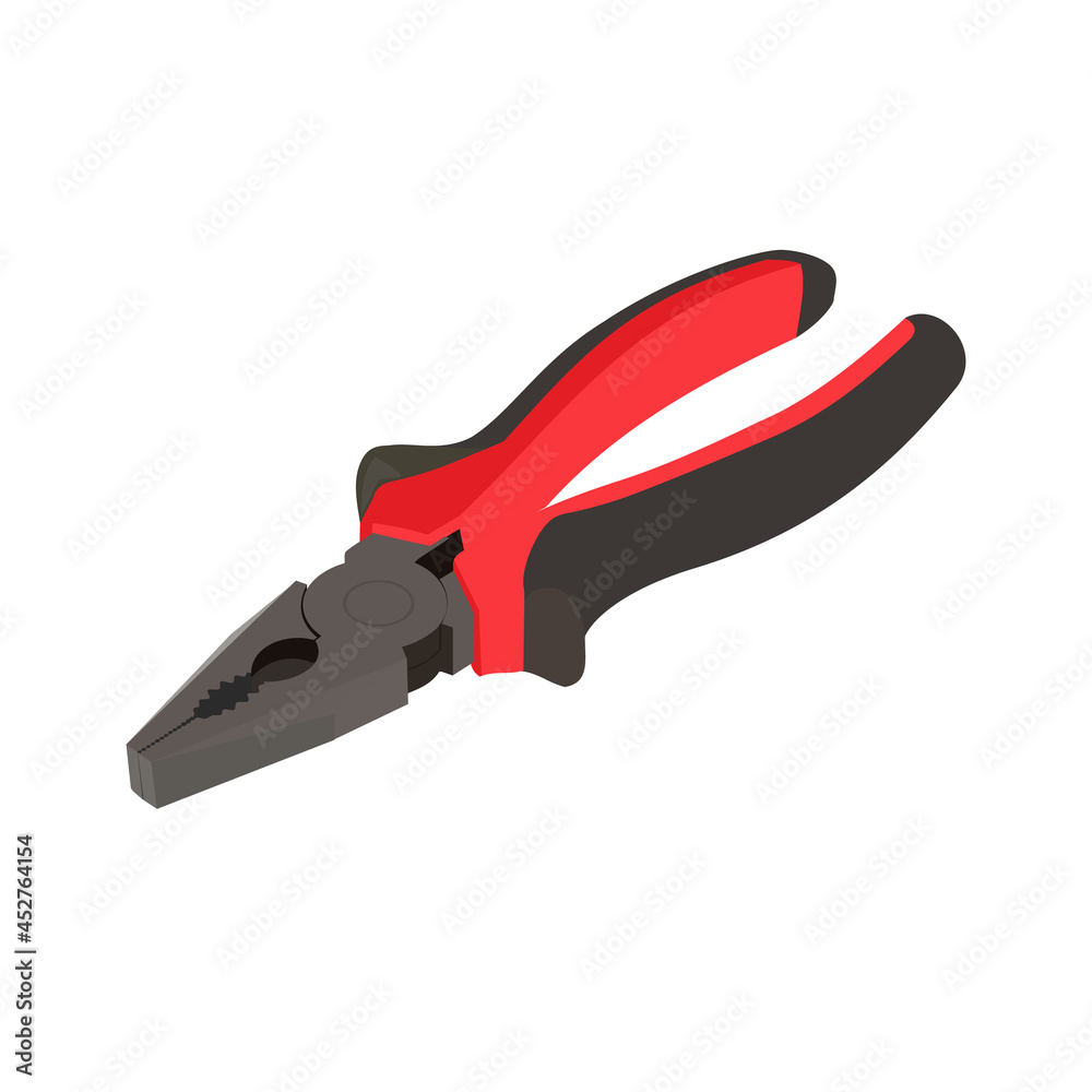 Сlosed pliers. Isometric metal pliers with rubber handles black and red color isolated on white background. Hand tools for repair, construction and maintenance. Realistic vector illustration Сlosed pliers. Isometric metal pliers with rubber handles black and red color isolated on white background. Hand tools for repair, construction and maintenance. Realistic vector illustration
