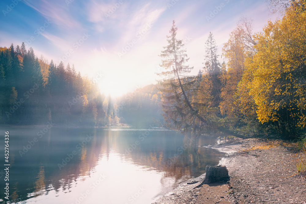 A wonderful autumn landscape. A fabulous lake with morning fog under the sunlight. A dramatic Impressive scene. Amazing nature background