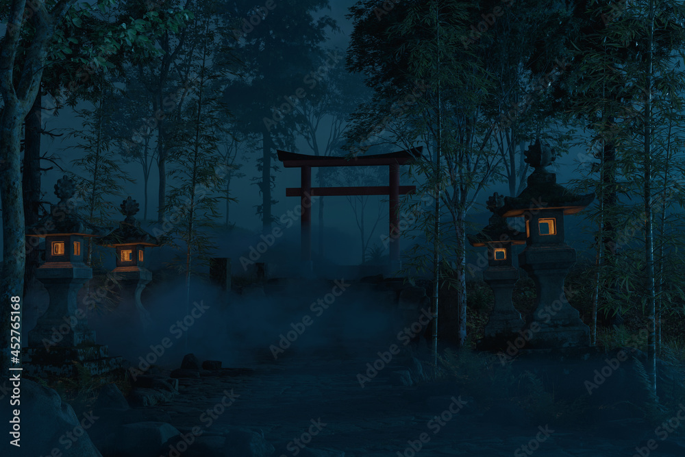 3d rendering of an old japanese shrine with torii gate and stone lantern at night - obrazy, fototapety, plakaty 