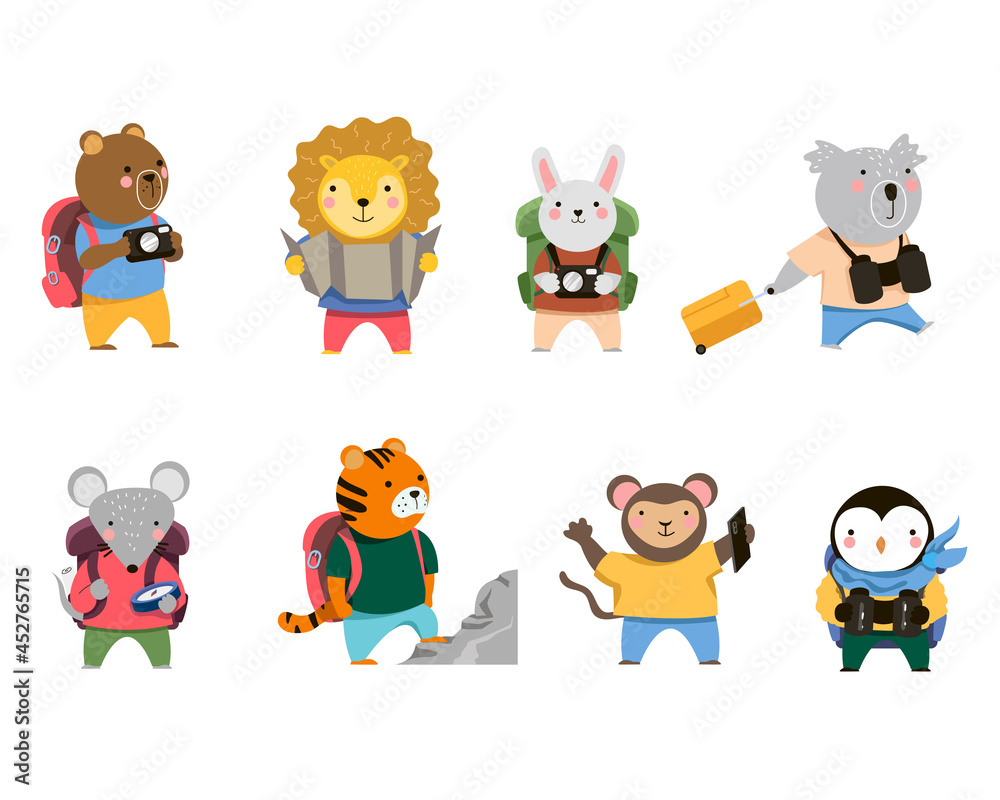 Obraz premium Set of funny animal travelers. Cartoon vector illustration. Lion, bear, hare, mouse, tiger, monkey, penguin with suitcases and tourist equipment. Travel, animal, fairy tale, adventure concept